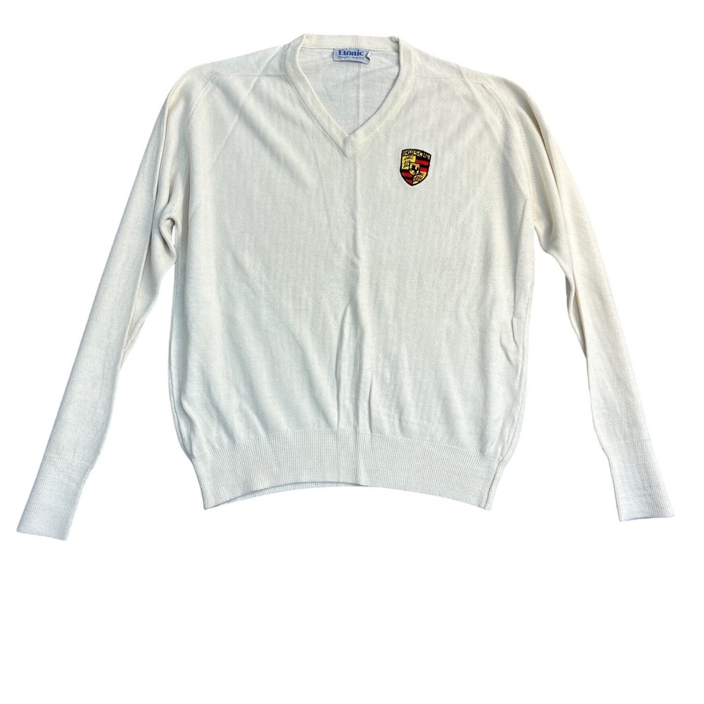 Etonic Sports Apparel Porsche Crest V-Neck Sweater Mens Cream White Pullover